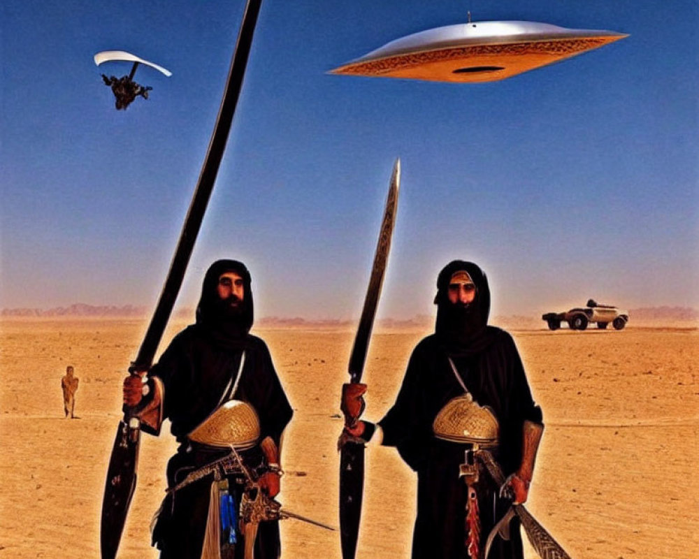 Desert scene with individuals in traditional garb, swords, UFO, paraglider, and off