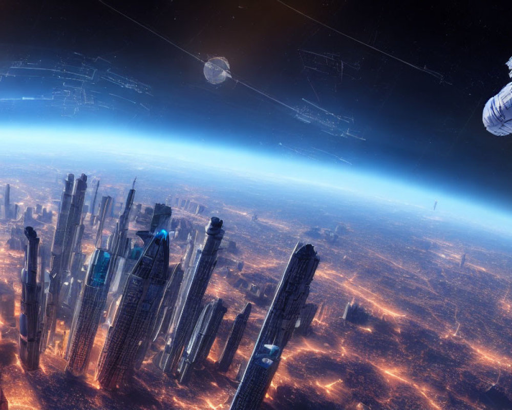 Futuristic cityscape with skyscrapers, space stations, and starlit horizon