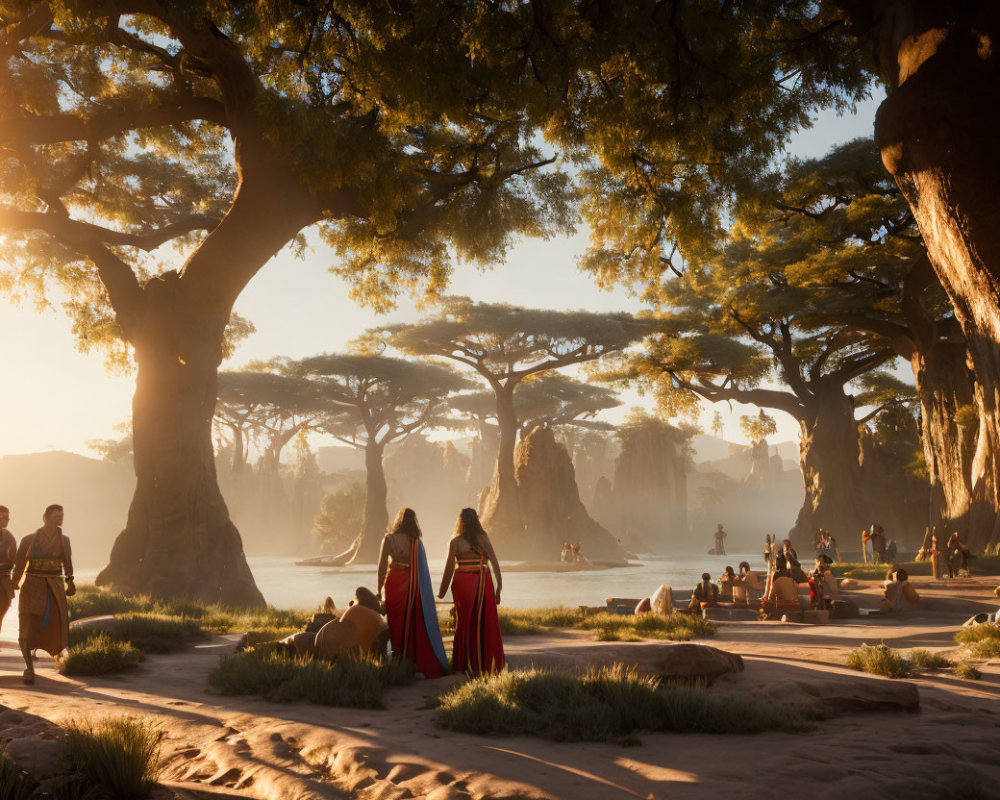 Traditional Attire People Among Giant Baobabs in Warm Sunlight
