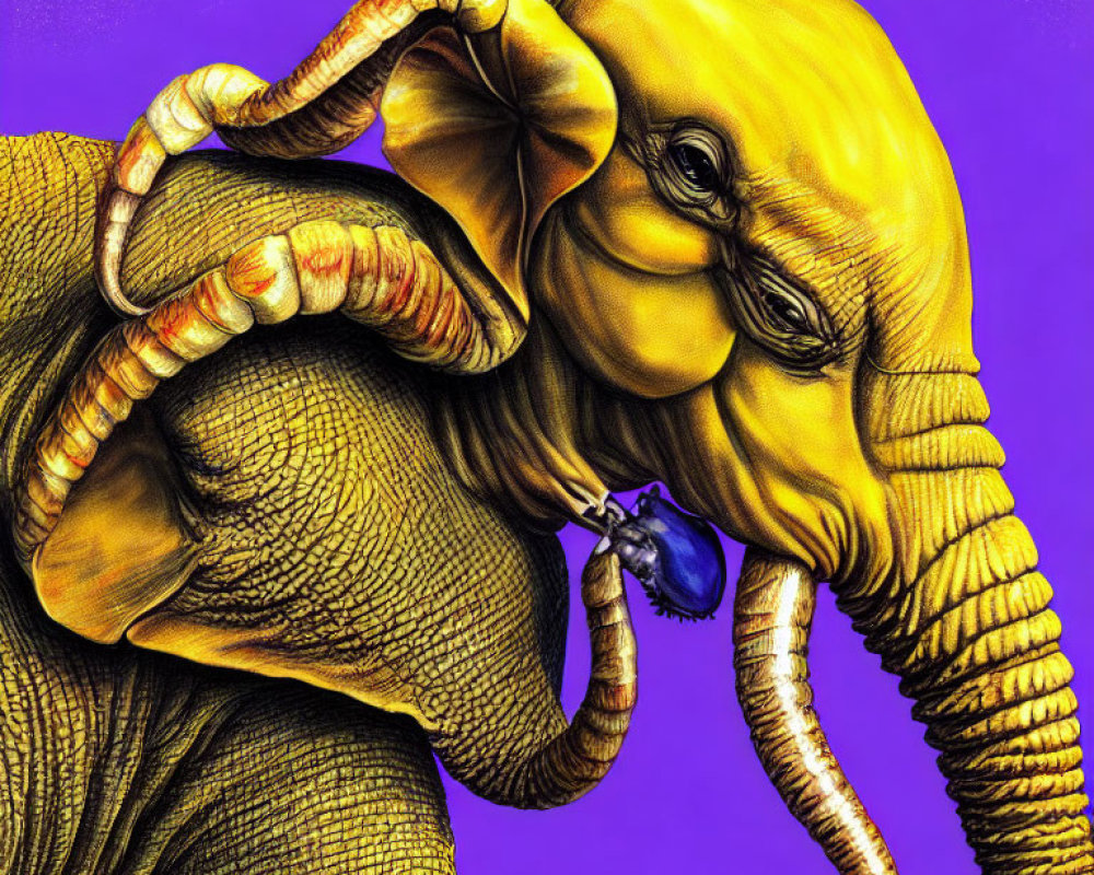 Detailed Golden Elephant Illustration with Textured Skin and Large Tusks on Vivid Purple Background