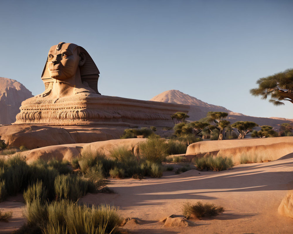 Large Sphinx Sculpture in Desert Landscape with Distant Mountains