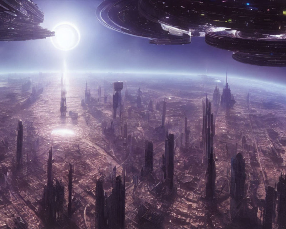 Futuristic cityscape with towering skyscrapers and orbiting structures