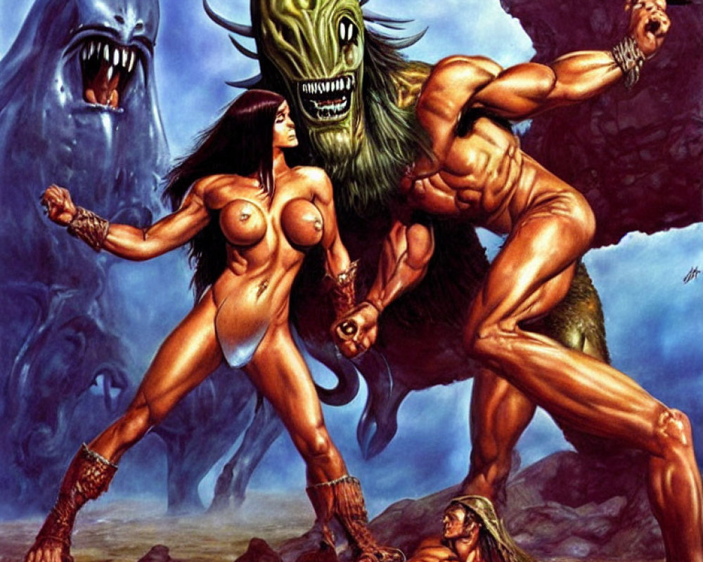 Muscular male and female fantasy characters in minimal armor with defeated monster.