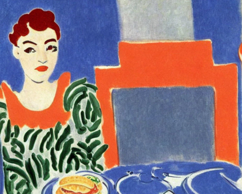 Modernist painting of woman with sandwich in bold colors
