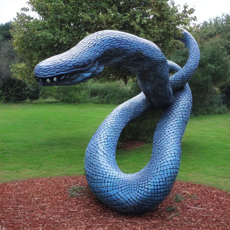 Blue Mosaic Serpent Sculpture in Grass Field