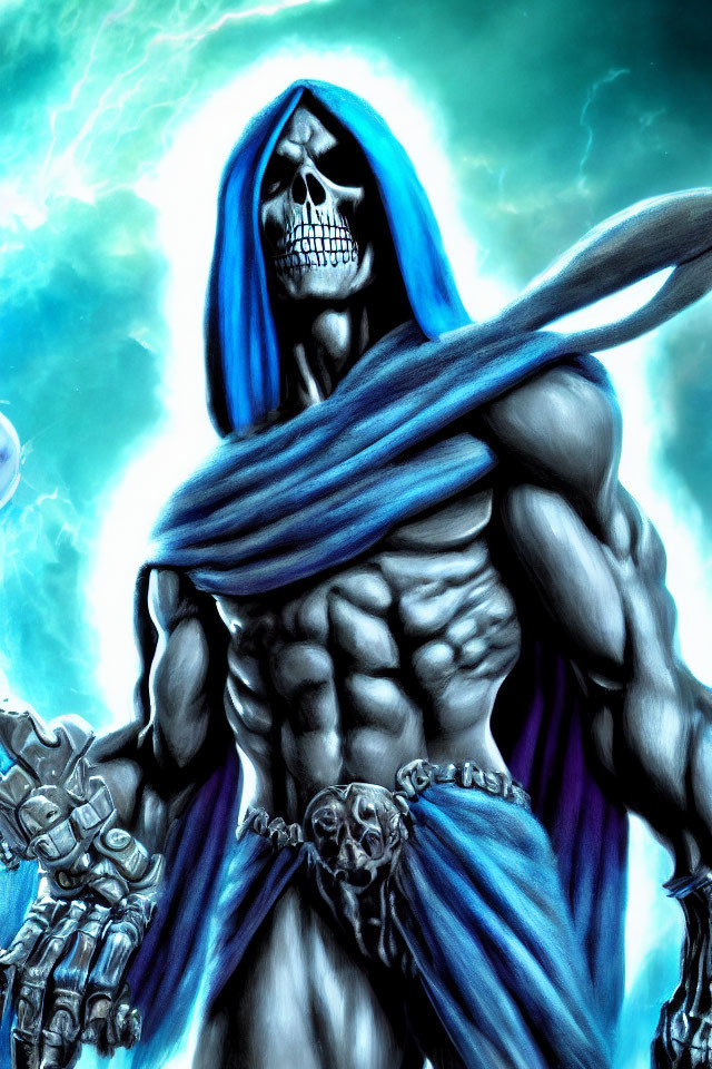 Skeletal figure in blue robe with bone armor on green energy backdrop
