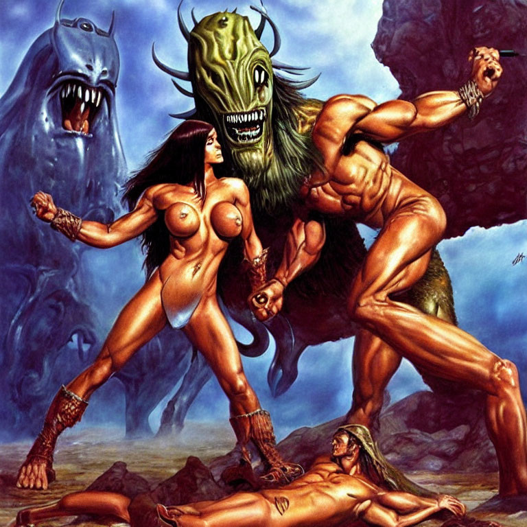 Muscular male and female fantasy characters in minimal armor with defeated monster.