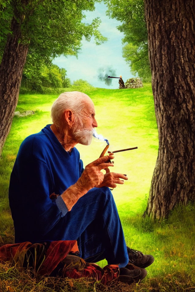 Elderly man with white beard smoking pipe between trees in blue shirt and tartan trousers