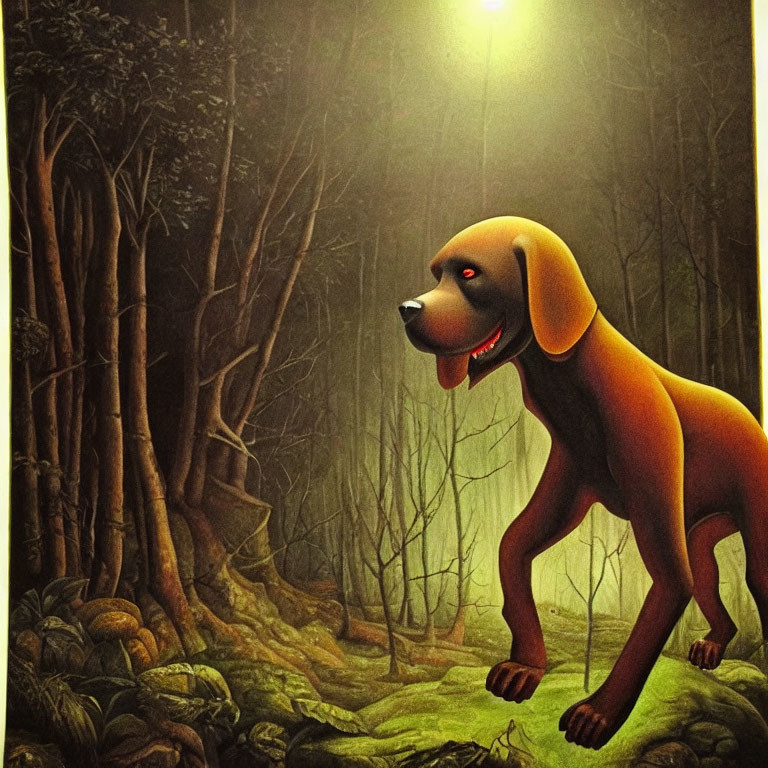 Large dog with human-like hands and feet in eerie forest under light beam