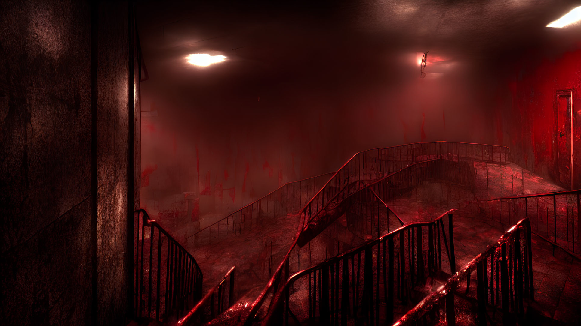 Red-walled staircase with industrial lighting and sinister vibe