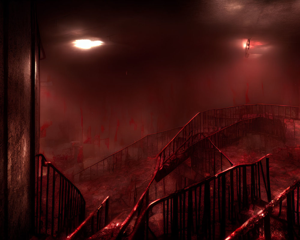 Red-walled staircase with industrial lighting and sinister vibe