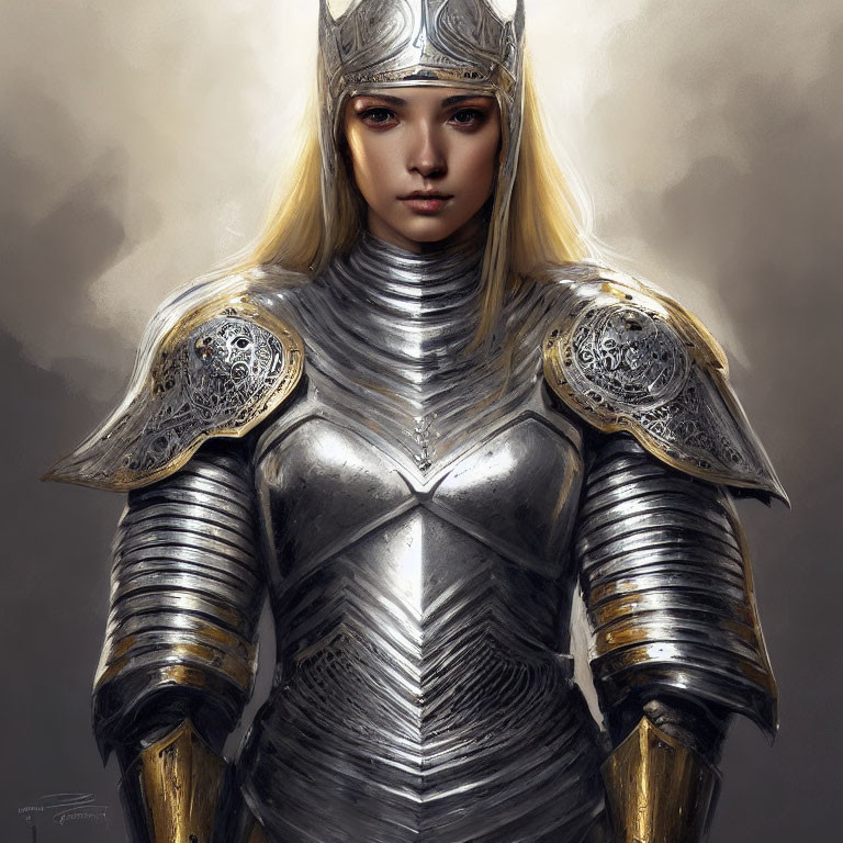 Blonde woman in detailed medieval armor with crested helmet
