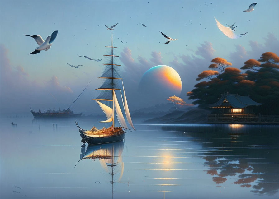 Ship, seaguls and moon