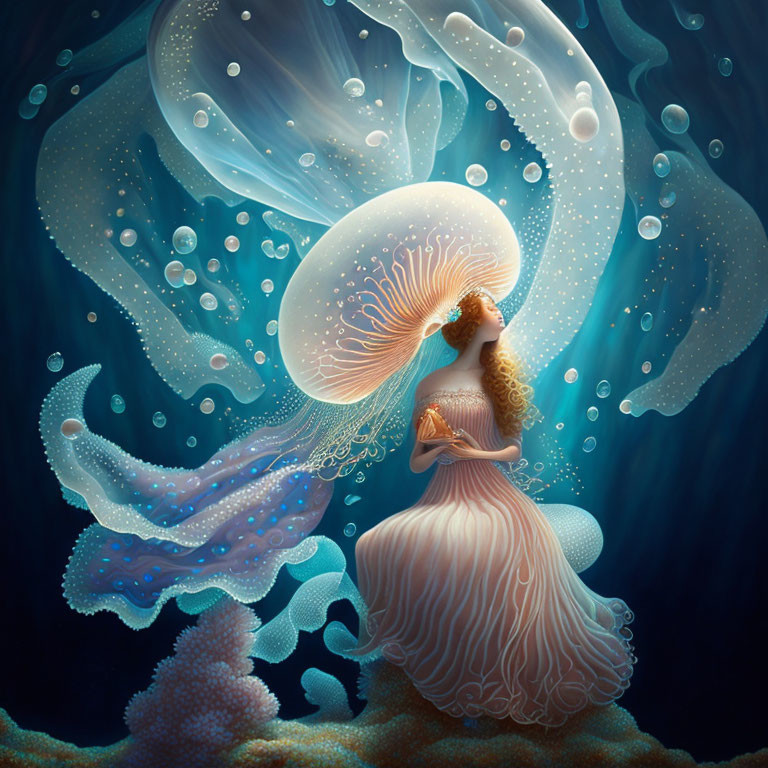 Woman underwater with coral-like dress and luminous jellyfish in fantastical image