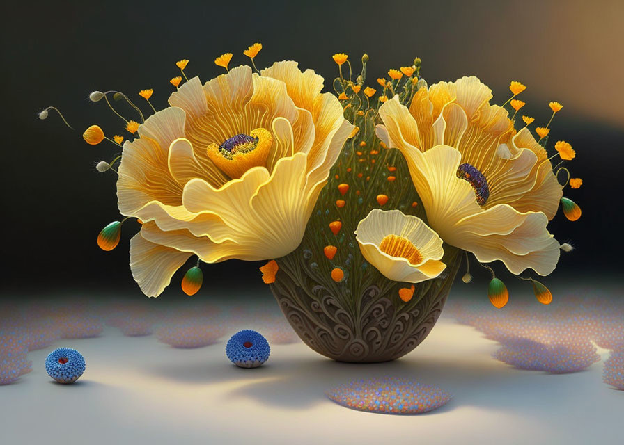 Digital Image: Oversized Yellow Poppies in Decorative Vase