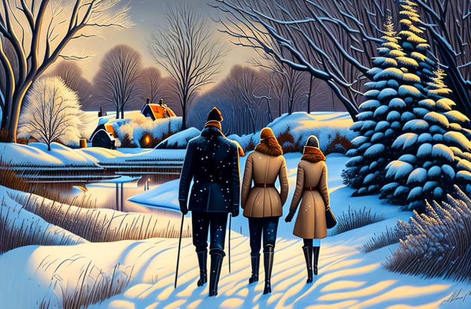 Three people walking in snow-covered landscape with bare trees and house adorned with Christmas lights at dusk