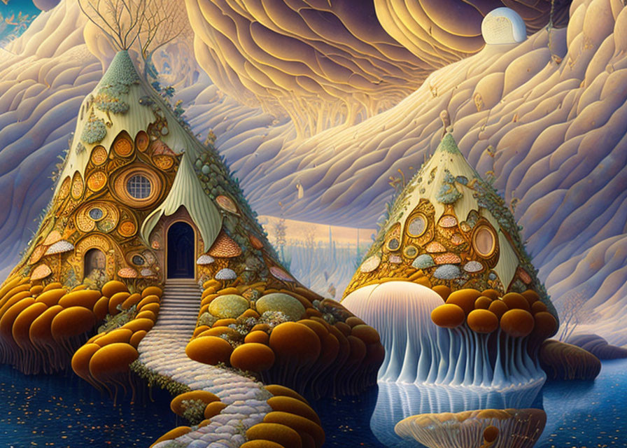 Whimsical painting of fairy-tale mushroom houses by a waterfall