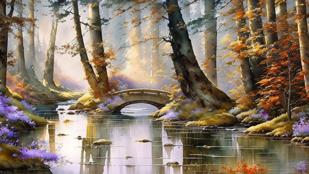 Tranquil autumn forest with river, bridge, and colorful foliage