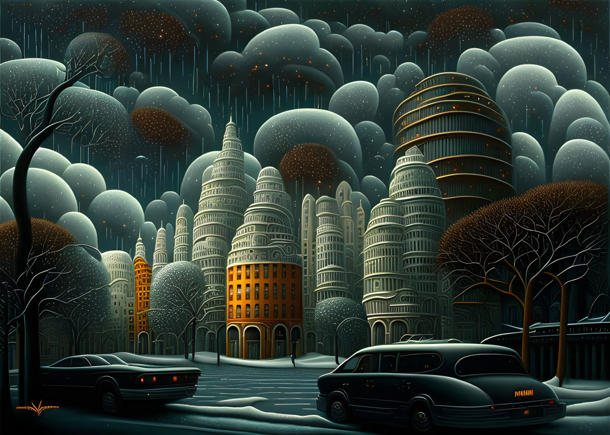 Stylized nighttime cityscape with rounded buildings, starry sky, trees, and vintage cars