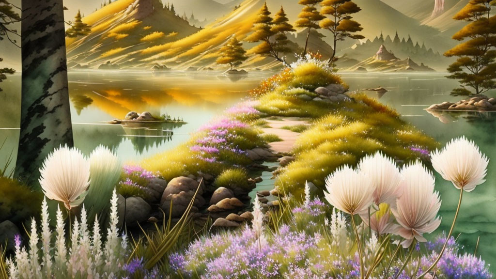 Tranquil landscape with reflective lake, trees, flora, and rolling hills
