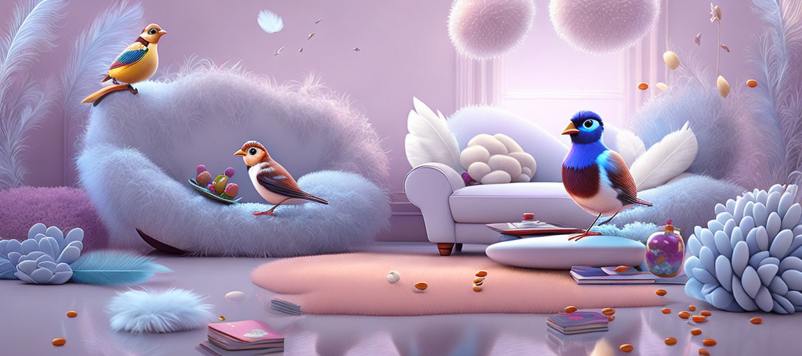 Vibrant Stylized Birds in Cozy Whimsical Room
