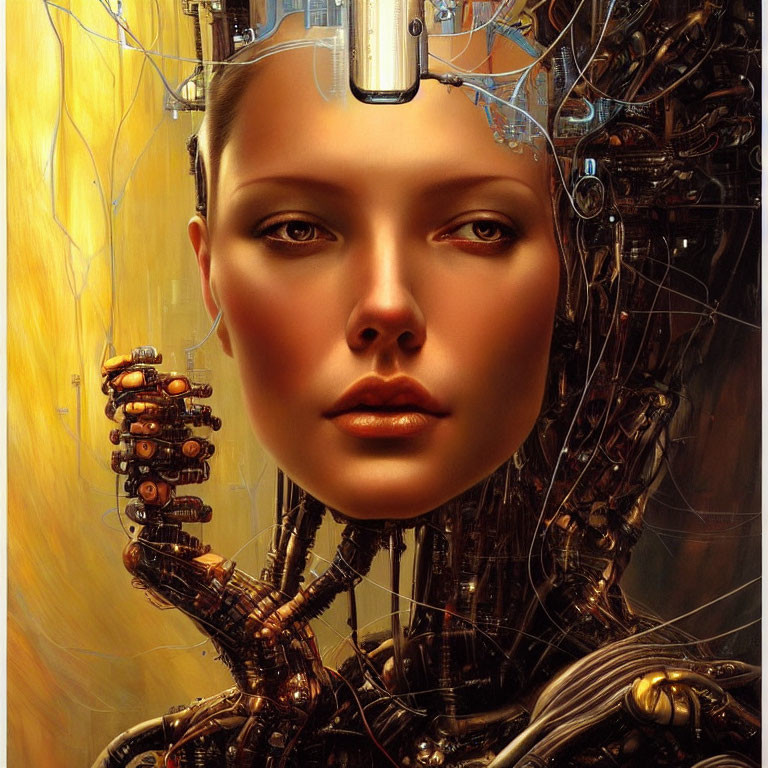 Female android portrait with serene expression and visible mechanical components.