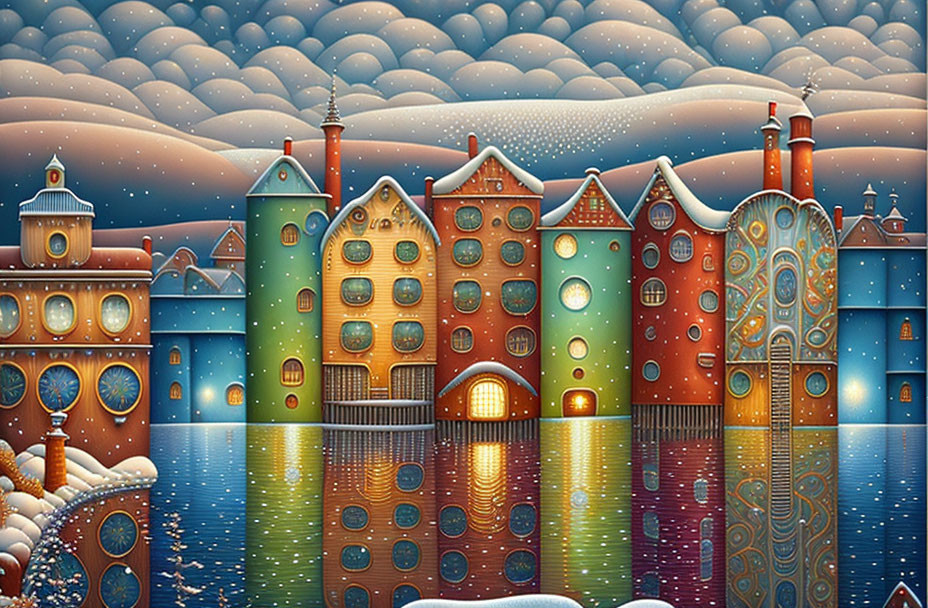Whimsical colorful houses with circle windows reflected in winter scene