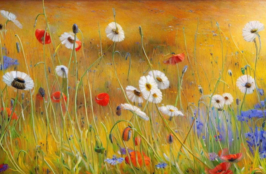 Daisies and poppies in yellow