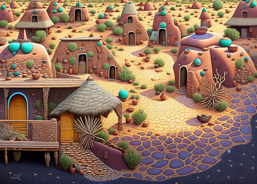 Whimsical terracotta village in desert landscape with cacti