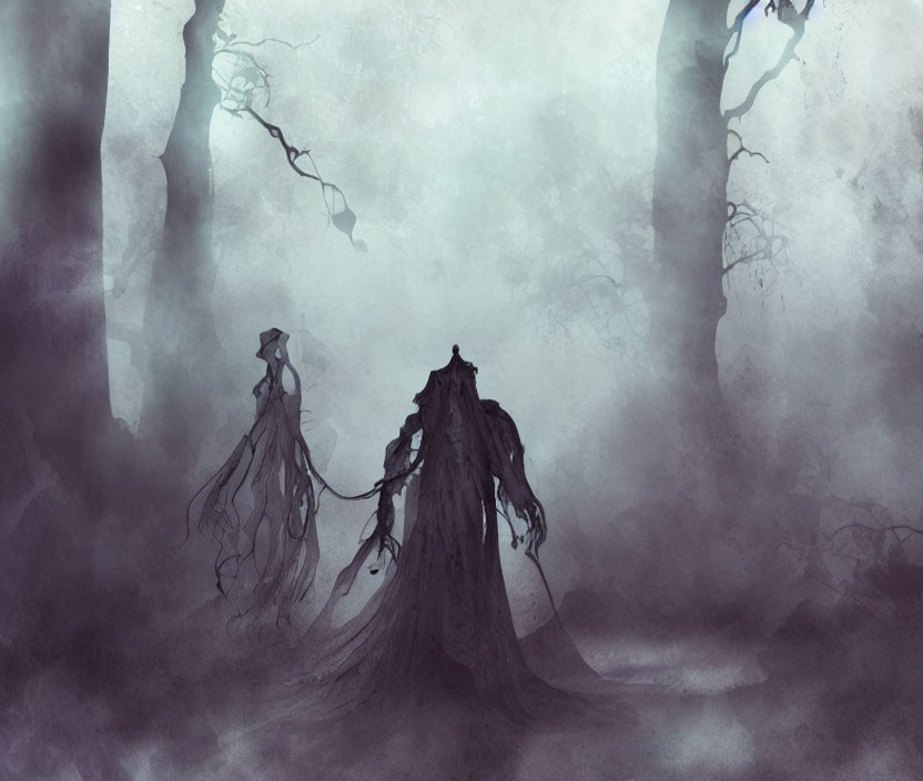 Mystical foggy forest with eerie figures and gnarled trees