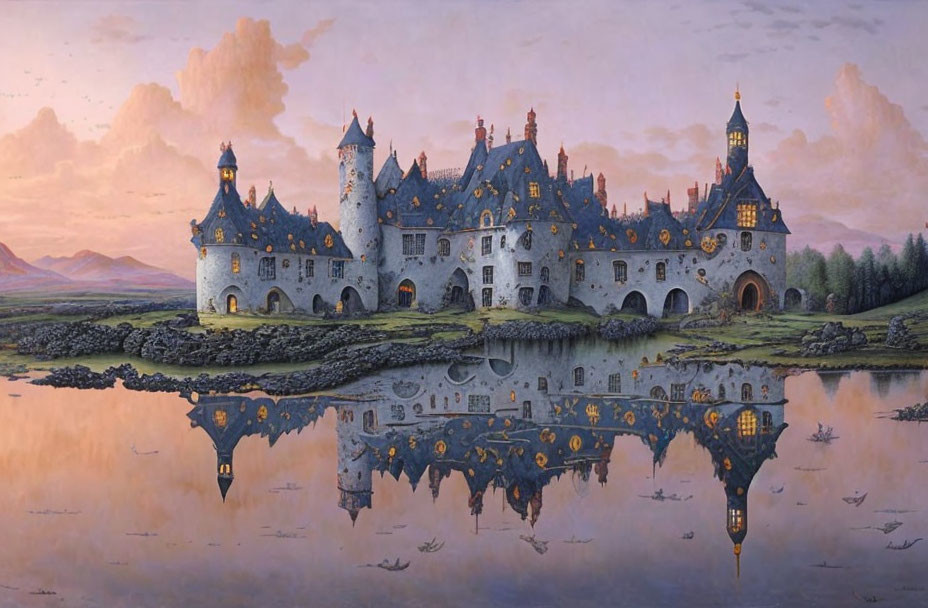 Majestic stone castle reflected in tranquil lake at twilight
