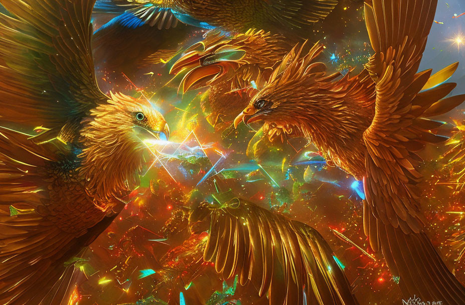 Majestic golden eagles in fierce aerial battle with bright lights