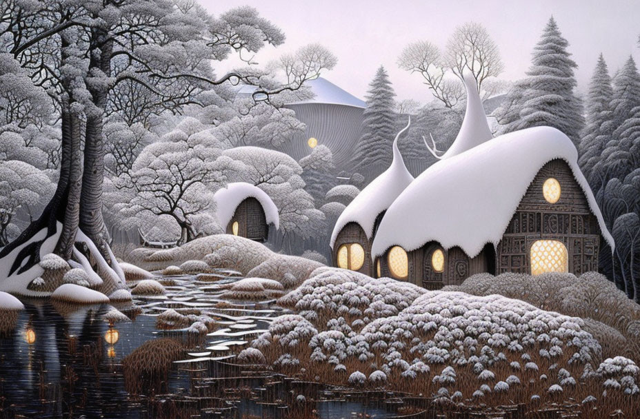 Snow-covered trees and quaint cottages in a winter village scene