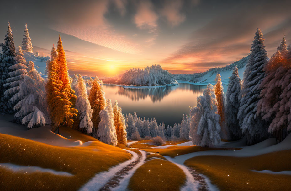 Snow-covered trees, frozen lake, vibrant sunrise: Tranquil winter scene