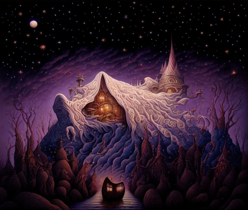 Fantastical castle under starry night sky with mountain and lake