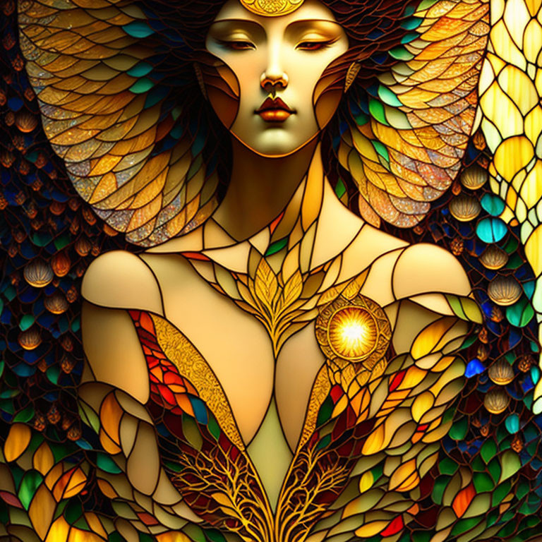 Colorful Winged Woman with Mask in Stained Glass Style on Dark Background