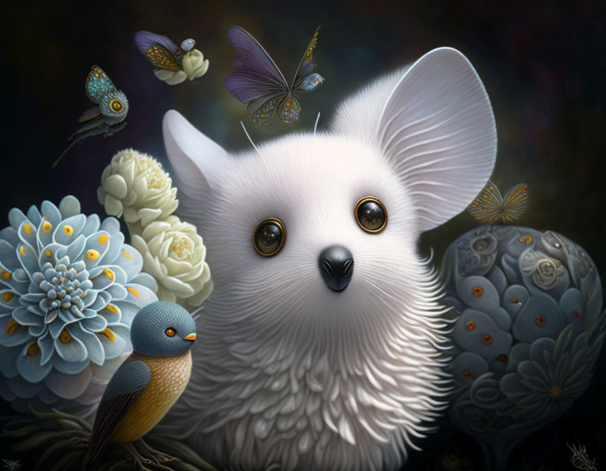 Illustration of Fuzzy White Fox Creature Surrounded by Flowers and Animals