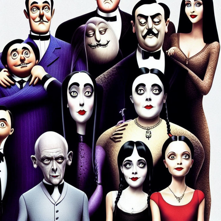 Animated Family with Spooky Gothic Characters in Quirky Outfits
