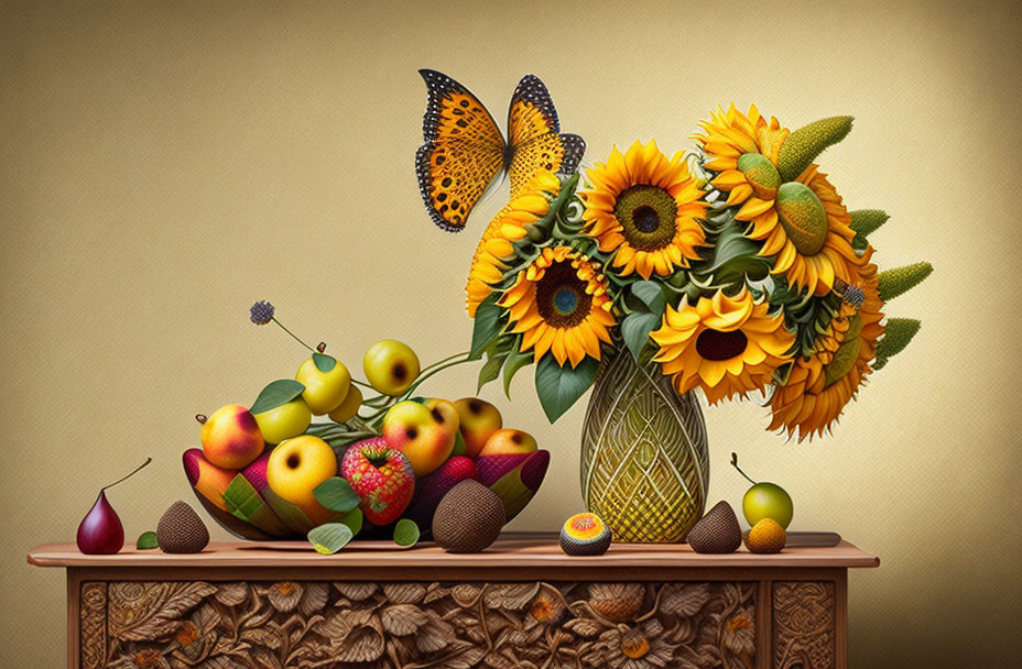 Classic Still Life Painting with Sunflowers, Fruits, Butterfly