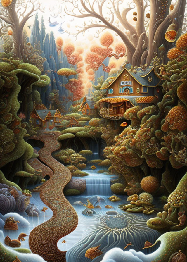Surreal forest with houses