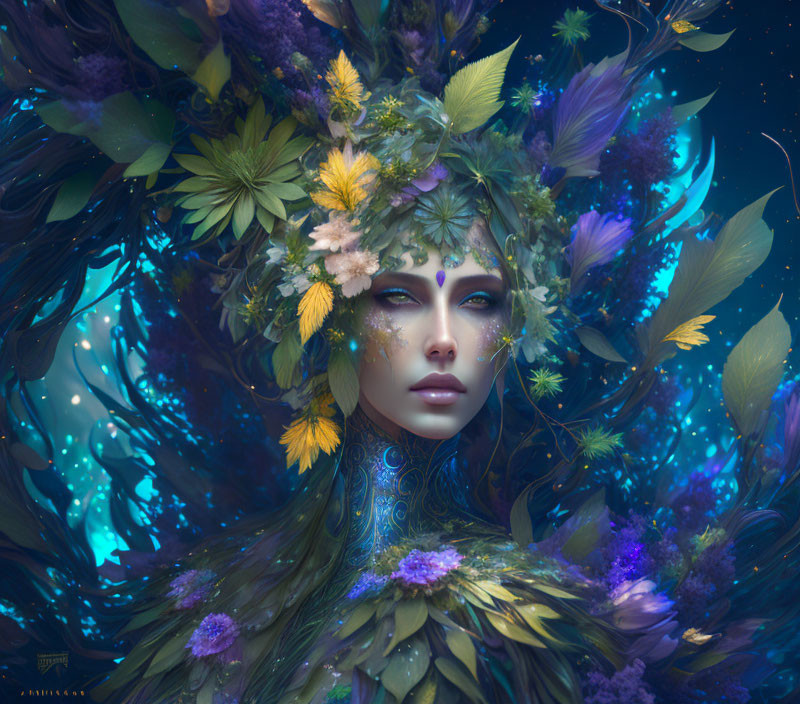 Fantasy portrait of woman with vibrant flowers and leaves on mystical blue background