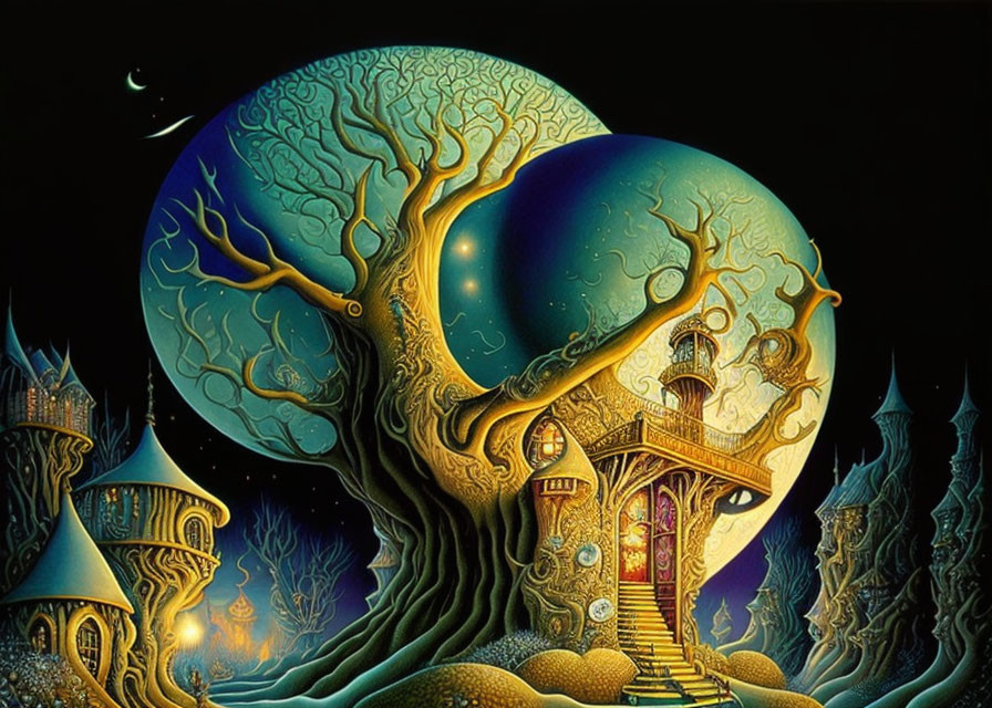 Fantastical tree illustration with circular doorway and staircases