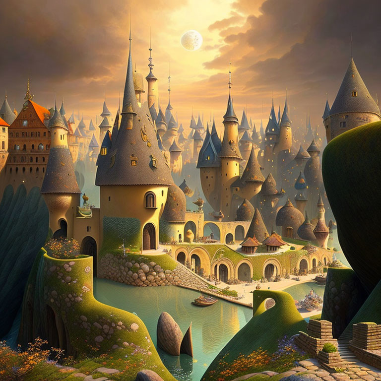 Fantastical castle complex with pointed towers and arches in twilight scenery