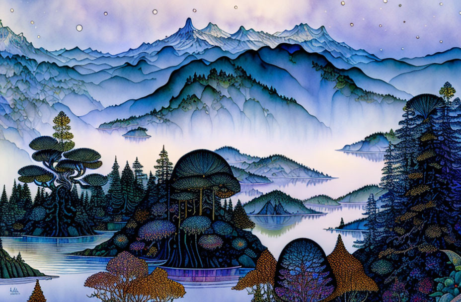 Stylized landscape with purple mountains, misty forests, and mushroom-shaped structures