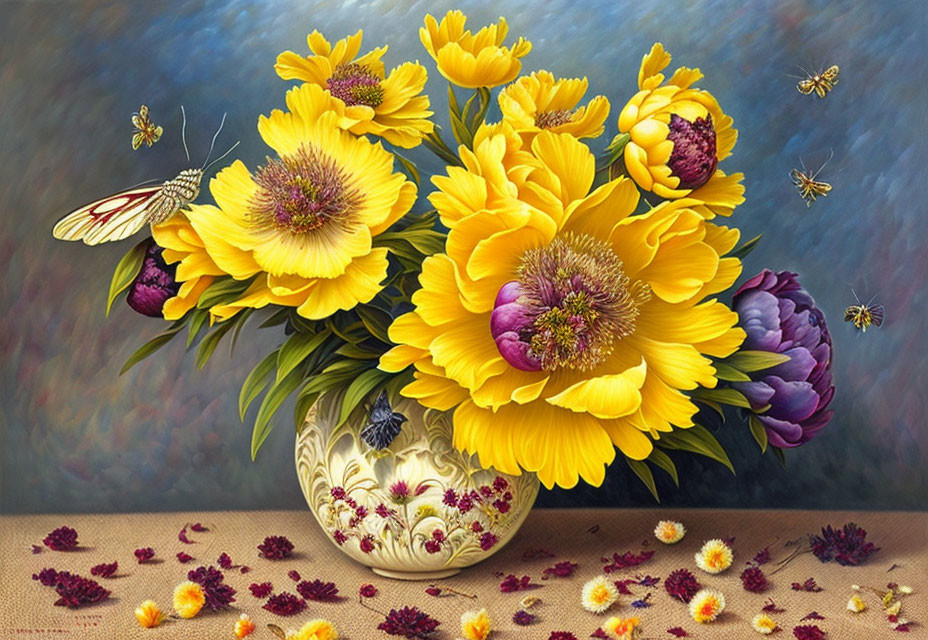Colorful still life: yellow flowers in vase with scattered petals and fluttering insects
