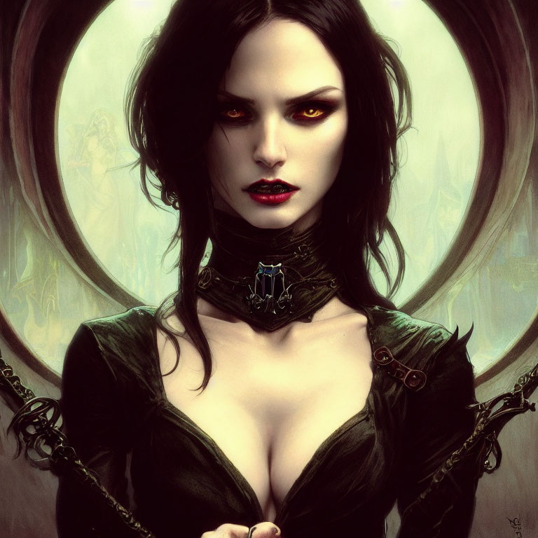Gothic fantasy illustration of a woman in green corset with red eyes and ethereal figures