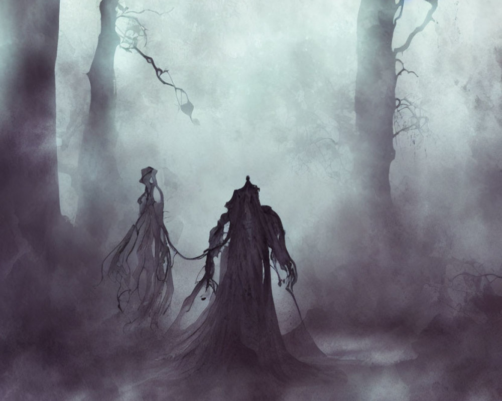 Mystical foggy forest with eerie figures and gnarled trees