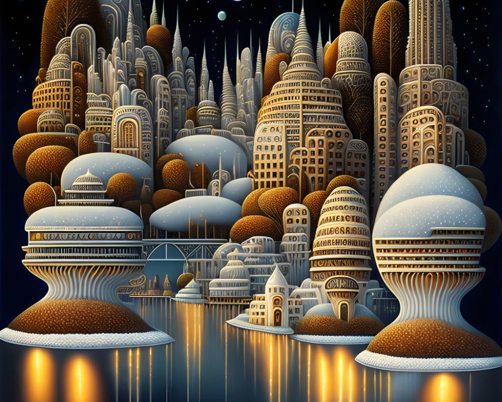 Futuristic night cityscape with spherical and skyscraper buildings reflected on water under starry sky with