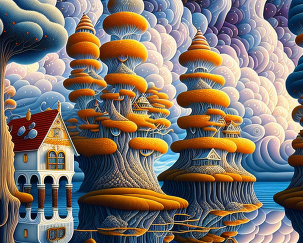 Whimsical fantasy landscape with mushroom-like trees and integrated houses against swirling sky.