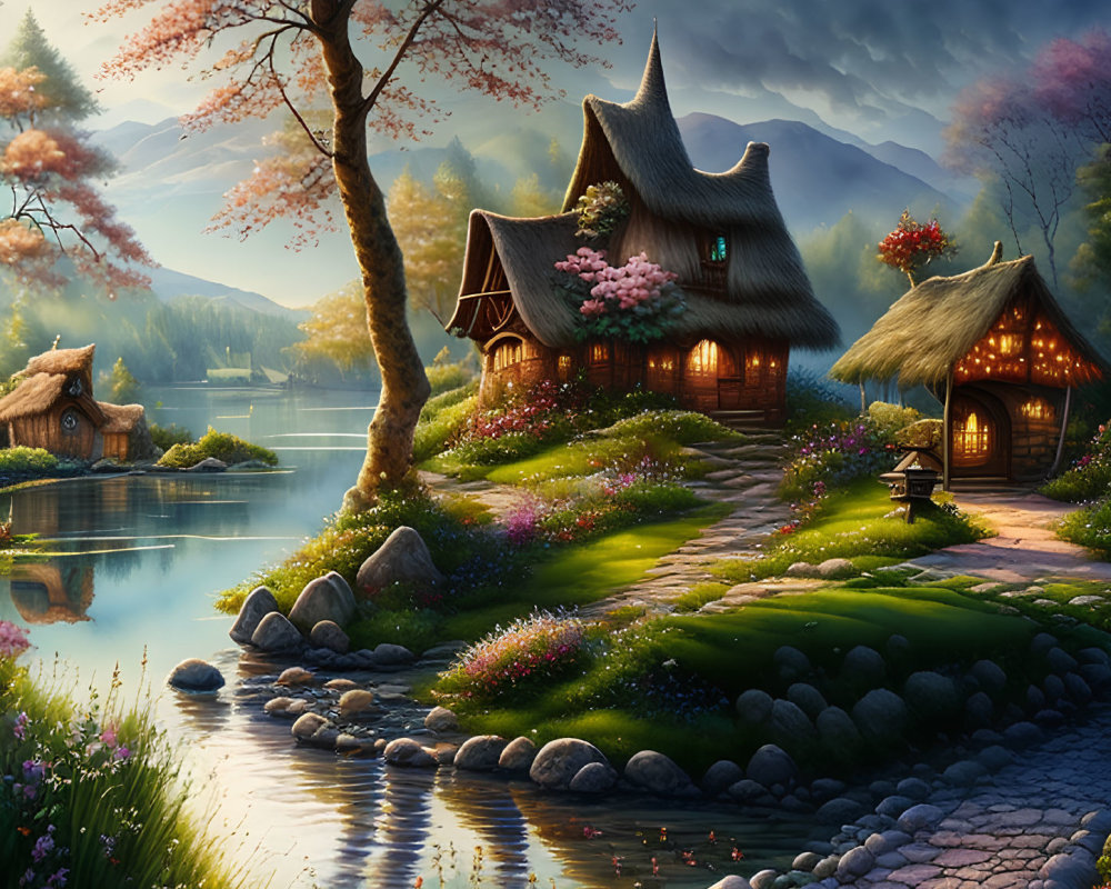 Tranquil twilight scene: cozy cottages, serene lake, lush greenery, cherry blossoms